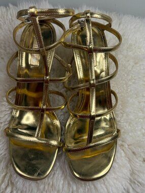 Larroudé Gold Metallic Strappy Heels Sandals Size 6 Made in Brazil